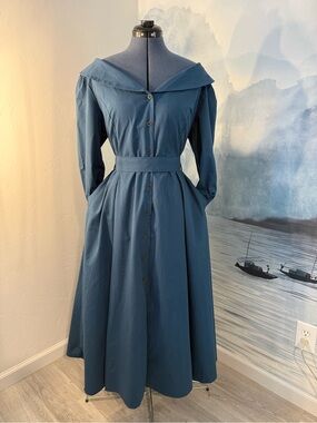 Button-Front Long Sleeve Dress with Wide Collar in Slate Blue #213